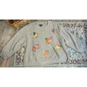 Democracy Heather Gray Fleece Pullover Fruit Embroidery 1X 3/4 Sleeve